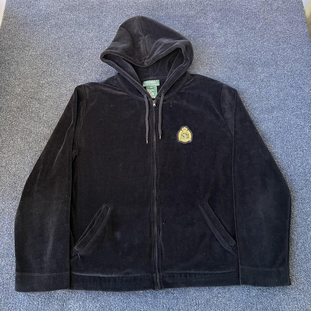 Lauren Ralph Lauren Hoodie Womens Large Black Full Zip Embroidered Crest Patch